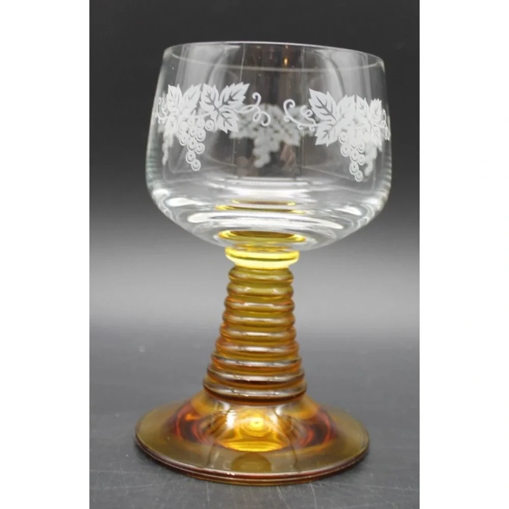 Vintage Romer Cordial Glasses Amber Beehive Stem Gold White Floral Set of 2